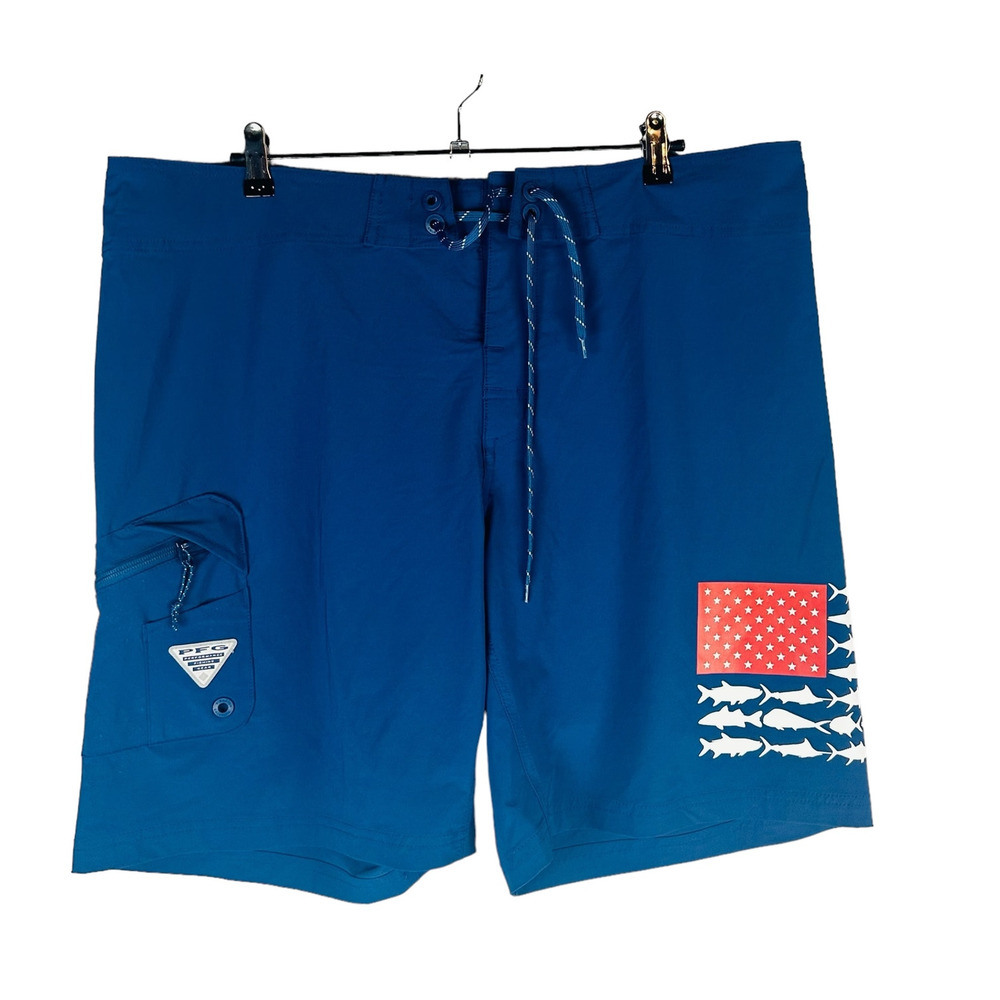 Columbia Mens Sz 42 Board Shorts PFG Pockets Hiking Active‎ Swim Blue Fish Flag